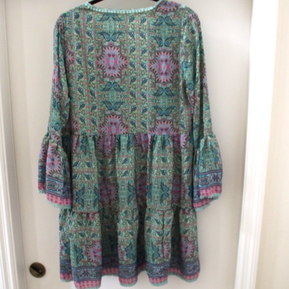 Bohemian Style Print Dress Bell Sleeve V-Neck Tassels Ribbon Made in India OS - Picture 2 of 14